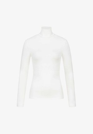 Haut blanc à manches longues avec col roulé, texture lisse, coupe ajustée, tissu extensible, avec un col rond classique et sans motifs ou accents visibles.