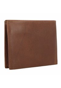 Braune Lederbörse mit glatter Oberfläche, zweifachem Design und sichtbarer Naht. Keine sichtbaren Beschläge oder Muster.