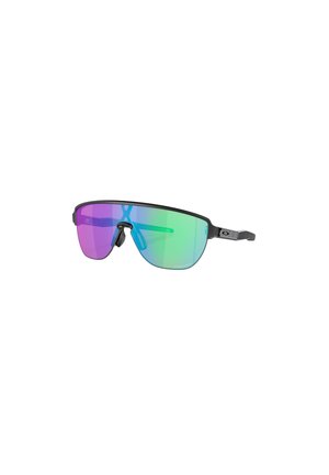 Occhiali da sole con montatura nera e grandi lenti colorate che presentano una sfumatura dal viola al verde, progettati per sport e attività all'aperto.