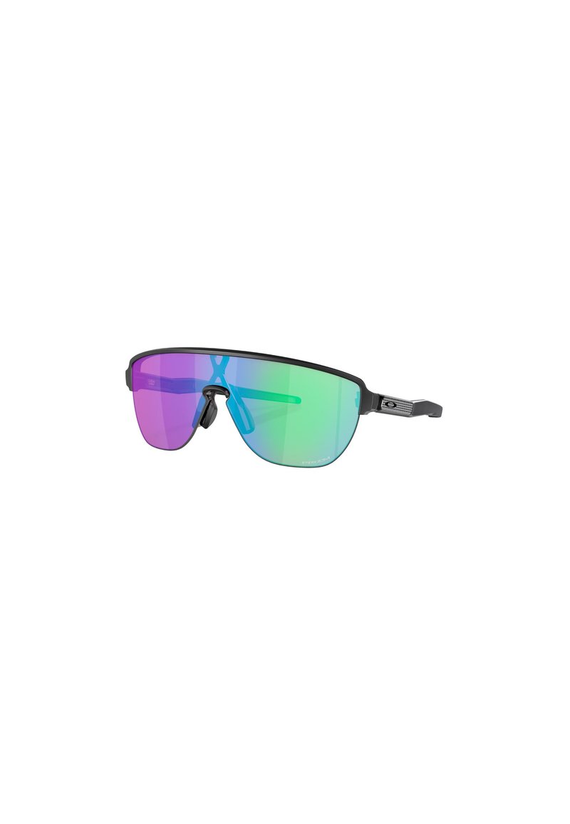 Occhiali da sole con montatura nera e grandi lenti colorate che presentano una sfumatura dal viola al verde, progettati per sport e attività all'aperto.