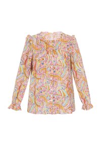 Blusa a maniche lunghe con un motivo paisley colorato, caratterizzata da una chiusura con bottoni, spalline arricciate e un tessuto leggero.