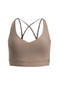Sujeción deportiva color topo con tirantes delgados cruzados en la espalda y banda ancha debajo del busto, hecha de tela elástica suave.