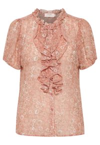 Short-sleeve blouse in light pink floral pattern, featuring a ruffled collar and front placket with round buttons. Sheer, soft fabric.