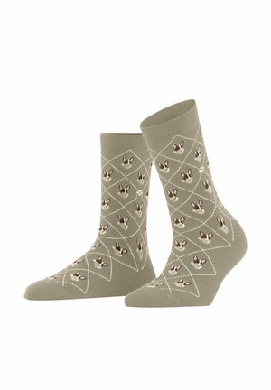 Green patterned socks with a diamond design featuring stylized animal faces in brown and cream, cotton blend material, mid-calf length.