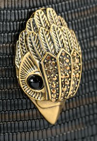 Spilla dorata a forma di uccello con dettagli di piume, accenti di pietre nere e design testurizzato su uno sfondo scuro e squamato.