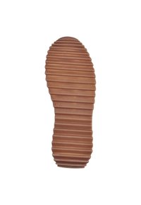 Suola di scarpa in gomma, di forma ovale con scanalature orizzontali pronunciate, di un caldo colore marrone. È visibile la misura contrassegnata come 37.