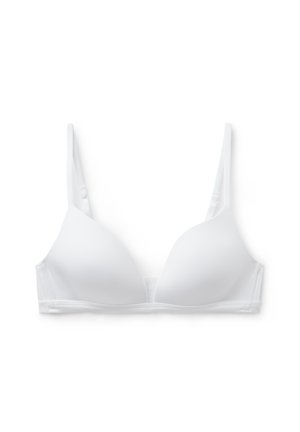 Soutien-gorge blanc avec des bonnets triangle rembourrés, des bretelles fines ajustables et une bande douce. Texture lisse, design minimal sans ornements.