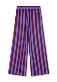 Gestreepte wijde broek in bordeauxrood en lichtblauw; gemaakt van zachte stof met een elastische tailleband en een enkele achterzak.