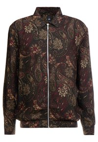 Een paisley-gepatenteerde jas met een zwarte achtergrond, voorzien van rode en gouden accenten, een ritssluiting aan de voorkant en een kraaghalslijn. Elastische manchetten en zoom.