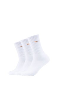 Weiße Baumwollsocken in mittlerer Höhe, mit gerippter Textur und einem orangefarbigen Akzentstreifen oben. Paket mit drei Paaren.