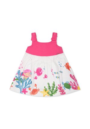 Abito di cotone con parte superiore rosa e gonna bianca che presenta motivi colorati di creature marine, tra cui pesci, granchi e coralli. Spalline volant.