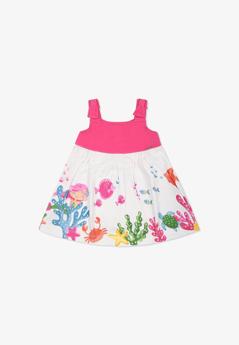 Vestido de algodón con una parte superior rosa y una falda blanca que presenta patrones de coloridos criaturas marinas, incluyendo peces, cangrejos y corales. Tirantes rizados.
