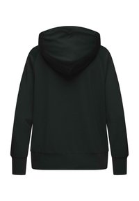 Black hooded sweatshirt with a smooth texture, simple design, long sleeves, and a relaxed fit. No visible patterns or hardware details.