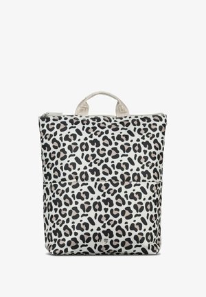 Rectangular tote bag with black and beige leopard print on white background, beige handle, and top zipper closure.