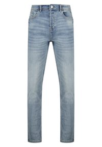 Light blue denim jeans with a straight cut, front pockets, and a zip fly. Features subtle fading and whiskering for texture.