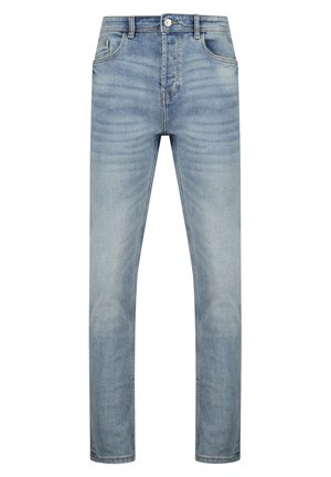 Light blue denim jeans with a straight cut, front pockets, and a zip fly. Features subtle fading and whiskering for texture.