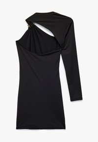 Sort kjole lavet af glat stof, med en asymmetrisk langærmet, snoet rygdesign og metallisk accent ved skulderen.