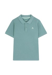 Jasnozielona polo z krótkim rękawem wykonana z mieszanki bawełny z kołnierzykiem, dwoma guzikami i małym białym logo czaszki.