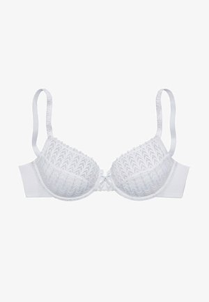White, lace-trimmed bra featuring a textured pattern on cups, adjustable straps, and a central decorative clasp. Soft fabric and underwire support.