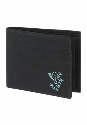 Black bifold wallet with a light blue frog outline design on the lower right corner.