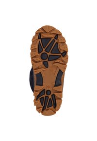 Semelle de chaussure présentant un design robuste avec un motif de semelle en caoutchouc brun et des accents noirs. Taille marquée comme 25, indiquant la taille de pied prévue.