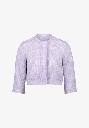 Lila cropped jacket van textuurstof met een geweven patroon, met een ronde halslijn en franjes langs de voorknoopsluiting.