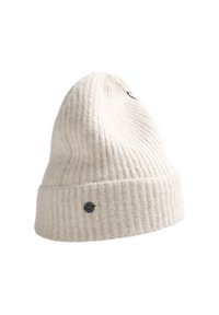 Beanie tricoté couleur crème avec une texture côtes et un revers. Présente un petit logo noir sur le côté. Fabriqué en laine douce.