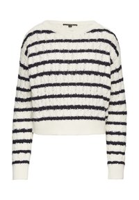 Weißer, verkürzter Pullover mit navyblauen Streifen. Strukturierter Strickmuster, runder Halsausschnitt, lange Ärmel und gerippte Bündchen und Saum.