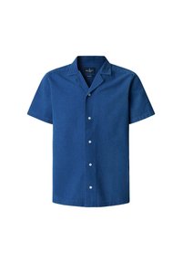 Korte mouwen blauwe shirt van gestructureerde stof met een gekartelde kraag en vijf witte knopen aan de voorkant.