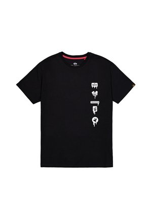 Svart bomull t-shirt med vita grafiska mönster på framsidan: flera ikoner och ordet "FRIHET". Kort ärm och rund halsringning.