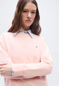 Joven mujer con largo cabello castaño, vestida con una camisa celeste con cuello bajo una sudadera rosa pastel, brazos cruzados, expresión neutral.