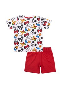 Completo per bambini composto da una maglietta bianca a maniche corte con stampe colorate di Topolino e pantaloni corti rossi con vita elastica.