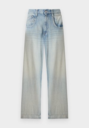 Light blue wide-leg denim jeans with front pockets, button closure, and fading at thighs and lower legs.