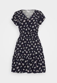 Marinblå blomsterklänning med korta ärmar, V-ringning, elastisk midja och lagd kjoldesign, med små rosa och vita blomstermönster.