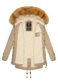 Beige long coat with a faux fur hood, plush cream interior lining, drawstring waist, and ribbed cuffs. Features brand label and accents.