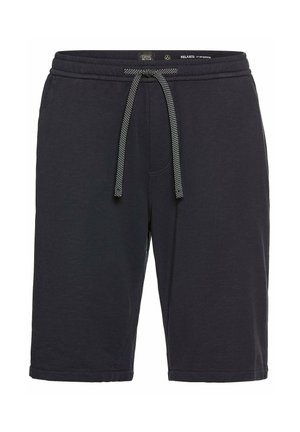 Dark grey shorts made from soft fabric, featuring an elastic waistband with a contrasting drawstring and side pockets.