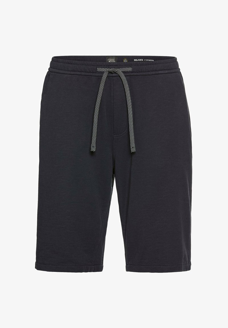 Dark grey shorts made from soft fabric, featuring an elastic waistband with a contrasting drawstring and side pockets.