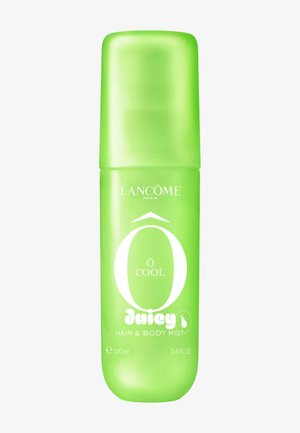 Flacon spray vert de Lancôme Ô Cool Juicy Hair and Body Mist, 100 ml, avec texte blanc et bouchon arrondi.