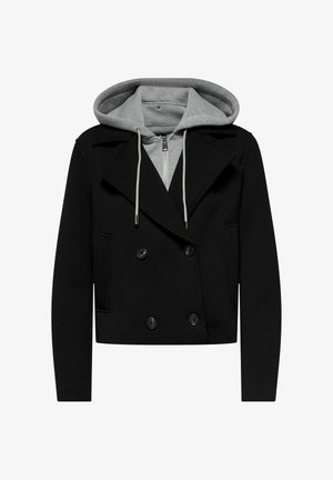Giacca nera doppiopetto sovrapposta a un hoodie grigio con zip, con lacci e cappuccio, mostrata su uno sfondo bianco.