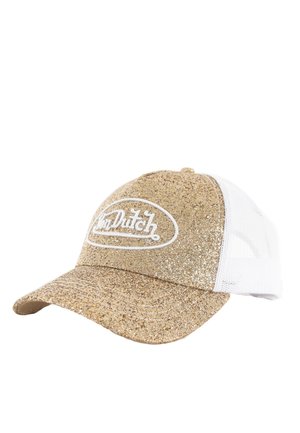 Gold glitter baseball cap with white mesh back and white embroidered "Von Dutch" logo on the front panel.