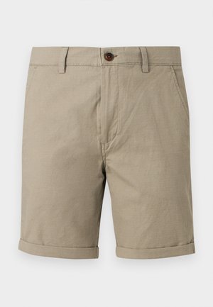 Shorts décontractés beige avec ourlets revers, fermeture avant par bouton et fermeture éclair, passants de ceinture et poches latérales inclinées.