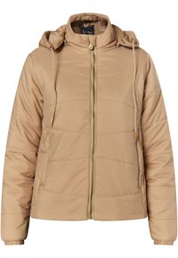 Beige polstret jakke med lynlås foran, snoretræk i hætten og gulddetaljer. Har quiltet syninger og elastiske manchetter for god pasform.
