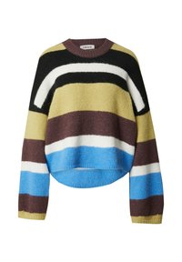 Gestreifter Pullover in Schwarz, Weiß, Blau, Gelb und Braun. Stricktextur, Rundhalsausschnitt und abfallende Schultern mit lockerer Passform.