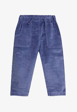 Pantaloni blu in velluto a coste con vita elastica, coulisse e due grandi tasche frontali, distesi su sfondo bianco.