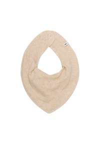 Beżowy trójkątny śliniak dla niemowląt z zatrzaskami i małą metką materiałową wszytą na krawędzi, wykonany z miękkiego materiału dzianinowego.