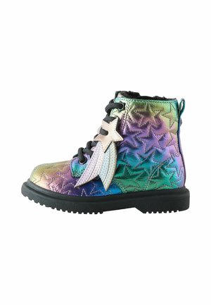 Child’s iridescent lace-up boot with embossed stars and a star-shaped charm on a black sole.