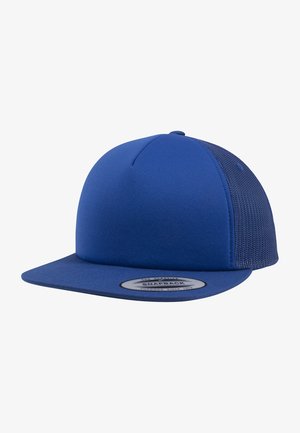 Niebieska czapka snapback z solidnym przednim panelem, siateczkowymi bokami i tyłem, płaskim daszkiem oraz okrągłą etykietą z przodu z danymi marki.