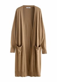 Long, open-front cardigan in beige, made of soft knit fabric. Features two front pockets and ribbed cuffs for added texture and detail.