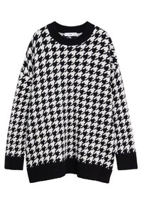 Pull en maille à motif pied-de-poule noir et blanc avec col rond, poignets et ourlet côtelés noirs.