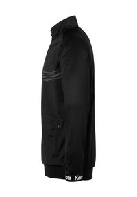 Black athletic jacket with a high collar, textured pattern on the chest, zippered pockets, and elastic cuffs featuring logo accents.